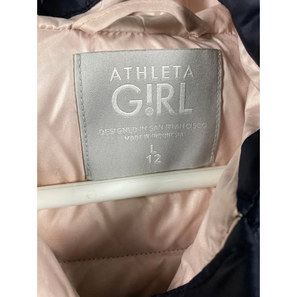 Athleta Girl Navy Blue Quilted Hooded Puffer Jacket Goose Down Fill Size L 12